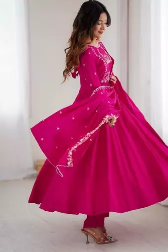 Dark pink color roman chanderi silk beads work anarkali set full stitched