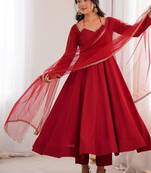 Maroon color roman silk chanderi solid -mirror lace work anarkali set full stitched.