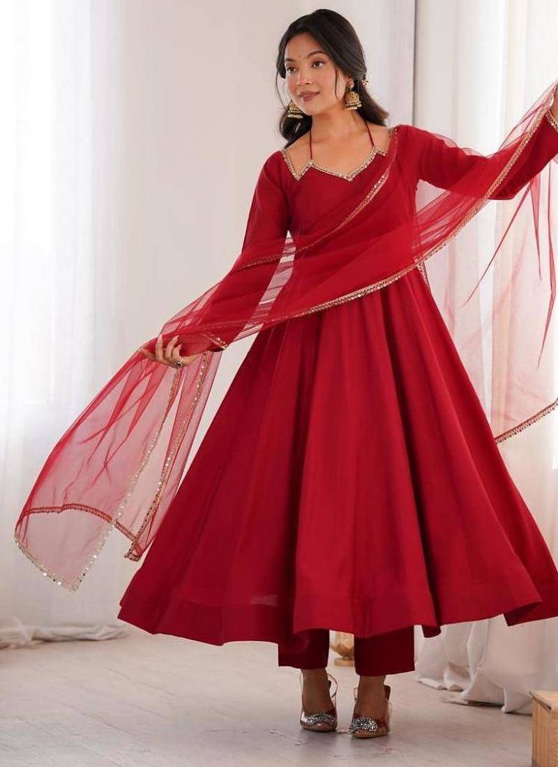 Maroon color roman silk chanderi solid -mirror lace work anarkali set full stitched.