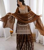 Dark mehendi color crunchy silk zari dori sequence embroidered anarkali set full stitched