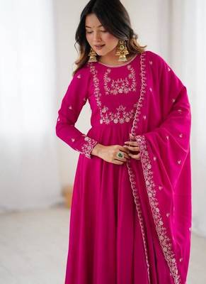 Dark pink roman chanderi silk beads work anarkali set full stitched 3