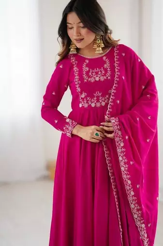 Dark pink color roman chanderi silk beads work anarkali set full stitched