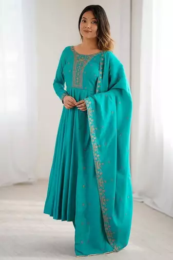 Sky blue color roman chanderi silk beads hand work anarkali set full stitched.