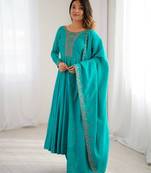 Sky blue color roman chanderi silk beads hand work anarkali set full stitched.