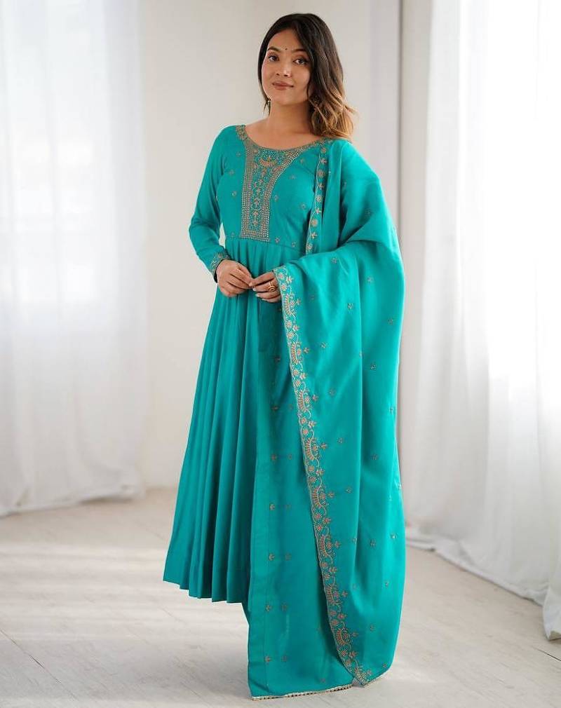 Sky blue color roman chanderi silk beads hand work anarkali set full stitched.