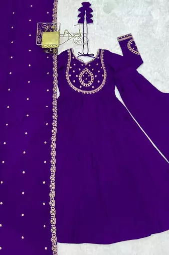 Purple color roman chanderi silk beads work anarkali set full stitched