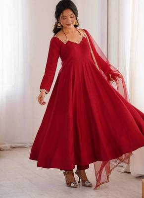 Maroon color roman silk chanderi solid -mirror lace work anarkali set full stitched 2