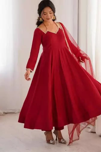Maroon color roman silk chanderi solid -mirror lace work anarkali set full stitched.