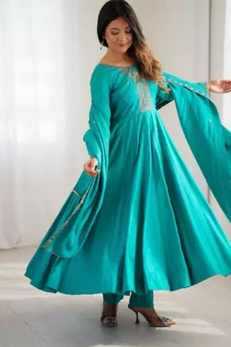 Sky blue color roman chanderi silk beads hand work anarkali set full stitched.