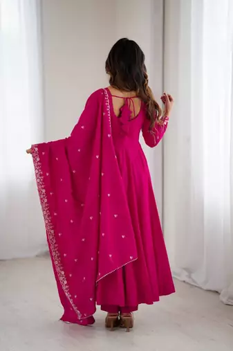 Dark pink color roman chanderi silk beads work anarkali set full stitched