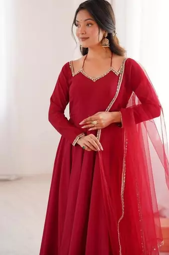 Maroon color roman silk chanderi solid -mirror lace work anarkali set full stitched.