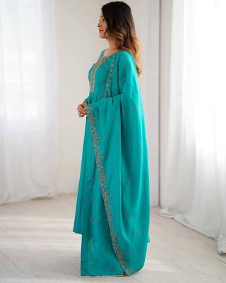 Sky blue roman chanderi silk beads hand work anarkali set full stitched 3
