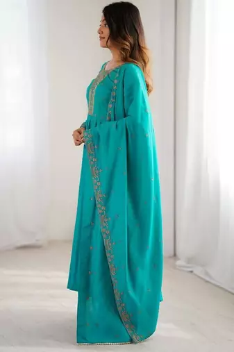 Sky blue color roman chanderi silk beads hand work anarkali set full stitched.