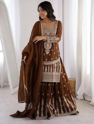 Dark mehendi crunchy silk zari dori sequence embroidered anarkali set full stitched 3