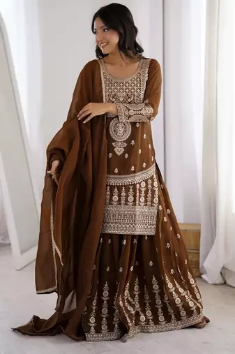 Dark mehendi color crunchy silk zari dori sequence embroidered anarkali set full stitched