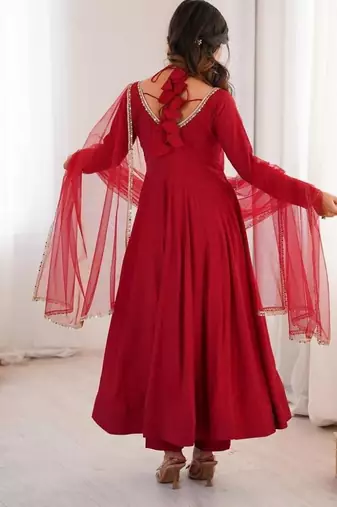 Maroon color roman silk chanderi solid -mirror lace work anarkali set full stitched.