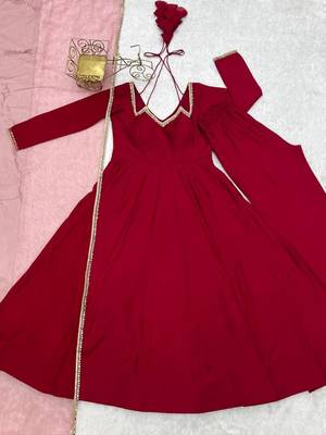 Maroon color roman silk chanderi solid -mirror lace work anarkali set full stitched 5