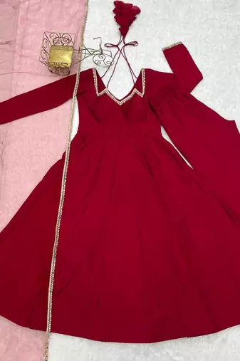 Maroon color roman silk chanderi solid -mirror lace work anarkali set full stitched.