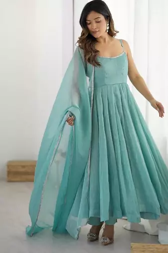 Sky blue color crunchy silk siroski work anarkali set full stitched.