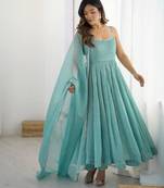 Sky blue color crunchy silk siroski work anarkali set full stitched.
