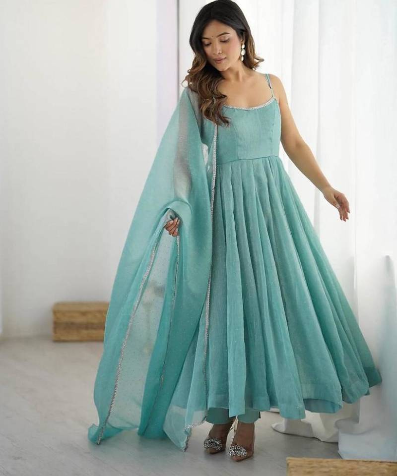 Sky blue color crunchy silk siroski work anarkali set full stitched.