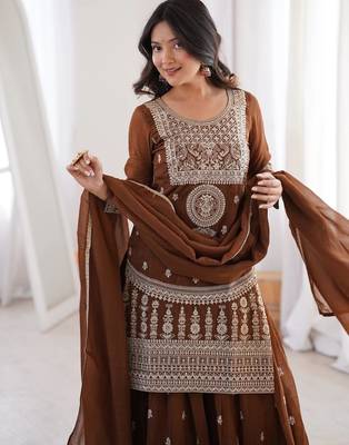 Dark mehendi crunchy silk zari dori sequence embroidered anarkali set full stitched 4