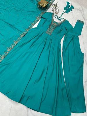 Sky blue roman chanderi silk beads hand work anarkali set full stitched 5