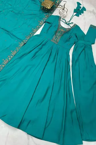 Sky blue color roman chanderi silk beads hand work anarkali set full stitched.