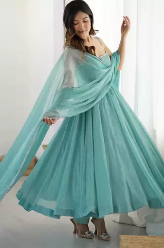 Sky blue color crunchy silk siroski work anarkali set full stitched.