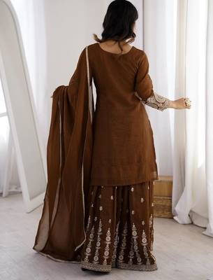 Dark mehendi crunchy silk zari dori sequence embroidered anarkali set full stitched 5