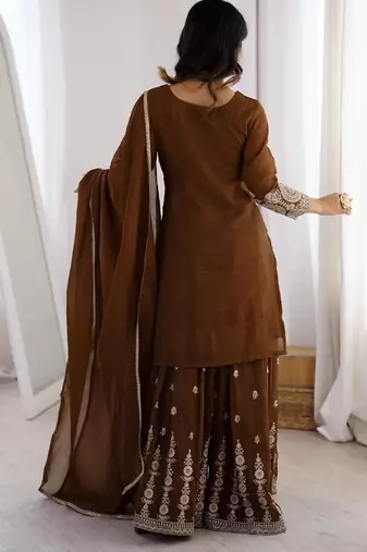 Dark mehendi color crunchy silk zari dori sequence embroidered anarkali set full stitched