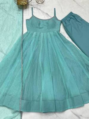 Sky blue crunchy silk siroski work anarkali set full stitched 5