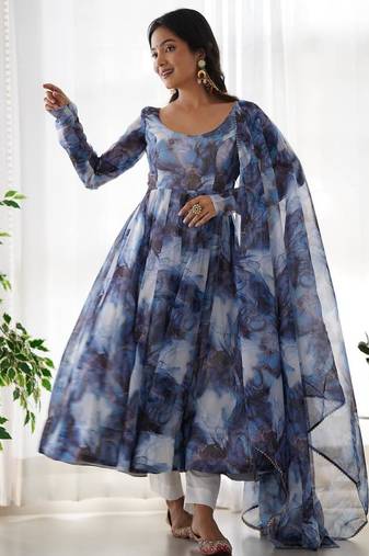 Navy blue color marble printed orgenza silk anarkali set full stitched.