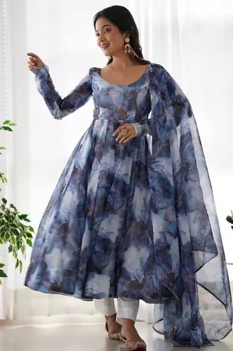 Navy blue color marble printed orgenza silk anarkali set full stitched.