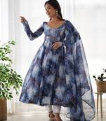 Navy blue color marble printed orgenza silk anarkali set full stitched.