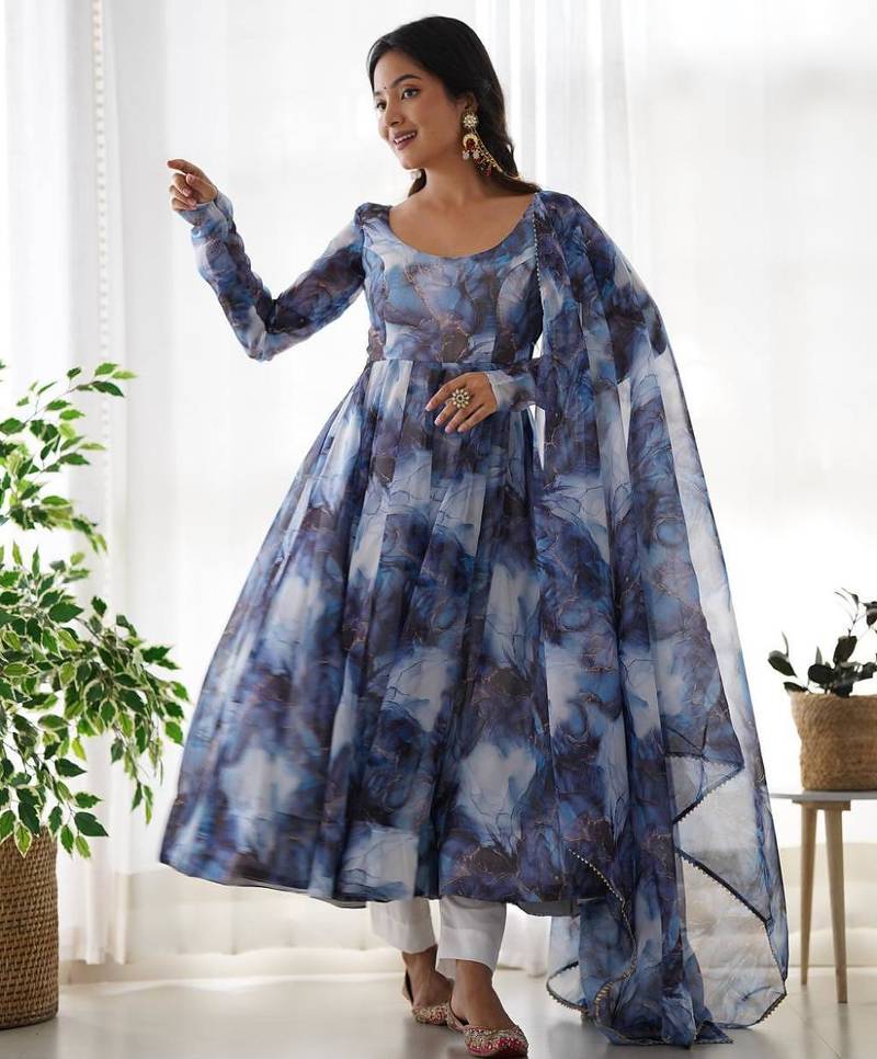 Navy blue color marble printed orgenza silk anarkali set full stitched.
