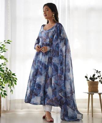 Navy blue color marble printed orgenza silk anarkali set full stitched 2