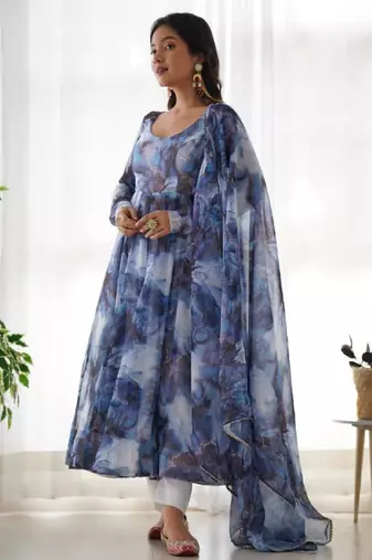 Navy blue color marble printed orgenza silk anarkali set full stitched.