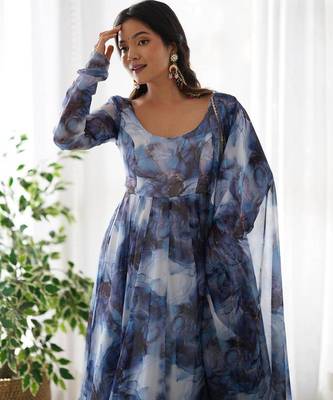Navy blue color marble printed orgenza silk anarkali set full stitched 3