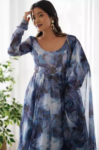 Navy blue color marble printed orgenza silk anarkali set full stitched.