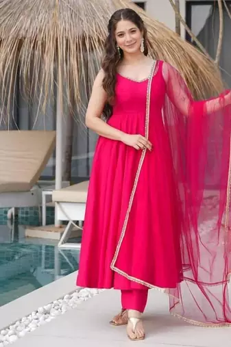 Pink color roman silk chanderi solid -mirror lace work anarkali set full stitched.