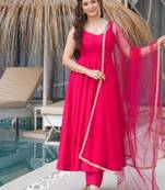 Pink color roman silk chanderi solid -mirror lace work anarkali set full stitched.