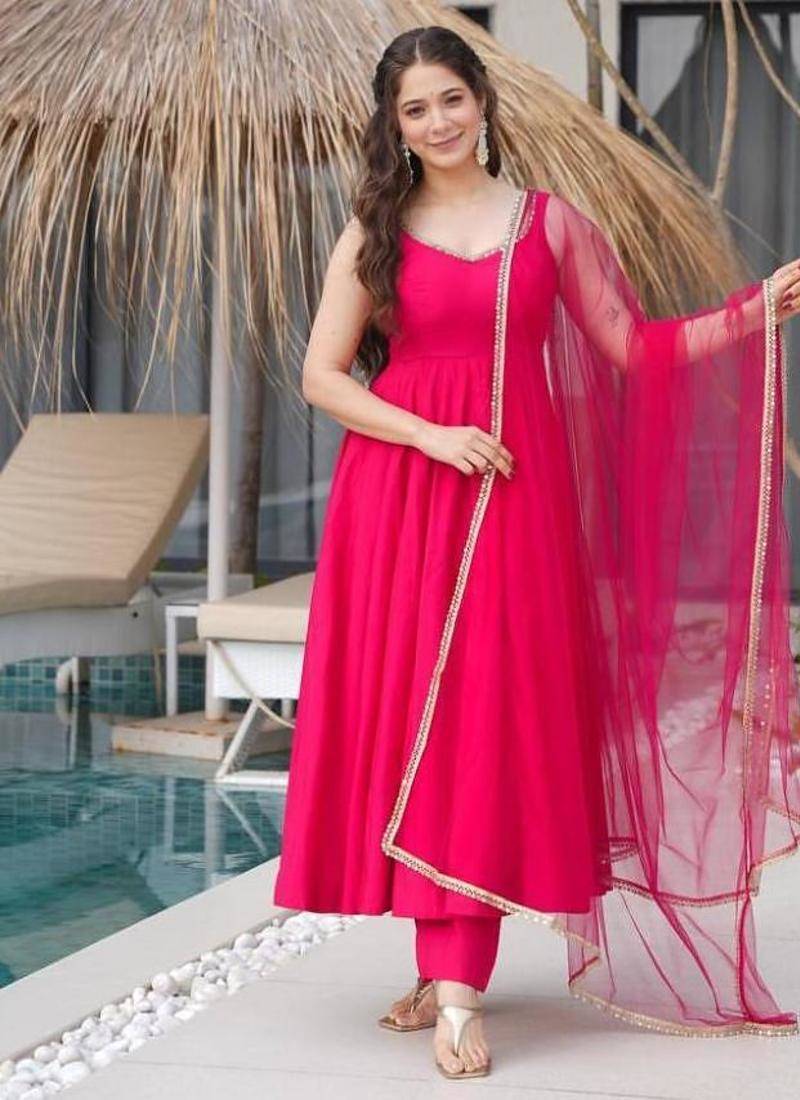 Pink color roman silk chanderi solid -mirror lace work anarkali set full stitched.