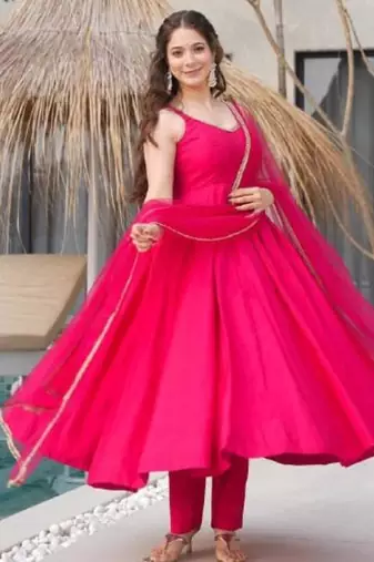 Pink color roman silk chanderi solid -mirror lace work anarkali set full stitched.