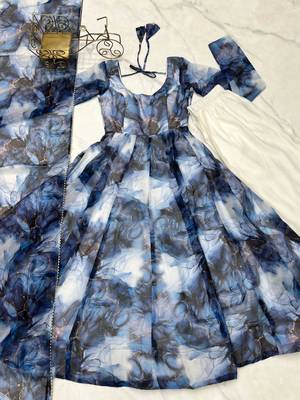 Navy blue color marble printed orgenza silk anarkali set full stitched 5