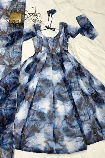 Navy blue color marble printed orgenza silk anarkali set full stitched.