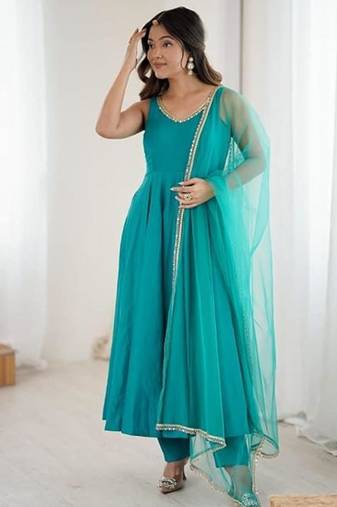 Rama color roman silk chanderi solid -mirror lace work anarkali set full stitched.