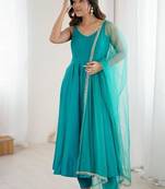 Rama color roman silk chanderi solid -mirror lace work anarkali set full stitched.