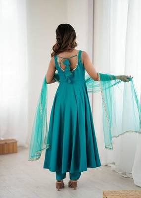 Rama color roman silk chanderi solid -mirror lace work anarkali set full stitched 2