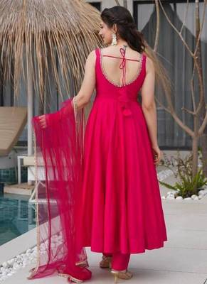 Pink roman silk chanderi solid -mirror lace work anarkali set full stitched 4